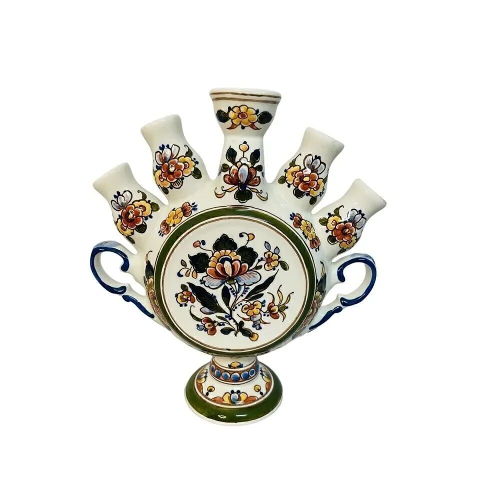 Delft 5 finger tulip vase floral pattern Heinen Fish mark beautiful vintage 8"